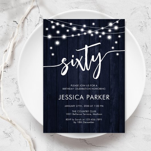 ネイビー素朴ホワイトウッド60th誕生日パーティー 招待状