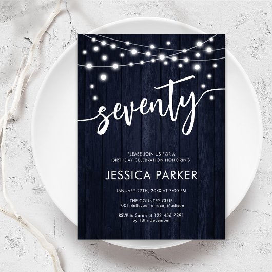 ネイビー素朴ホワイトウッド70th誕生日パーティー 招待状