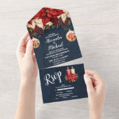 ネイビー素朴ポインセチアフローラ結婚クリスマス オールインワン招待状 (貼ってはがせる)