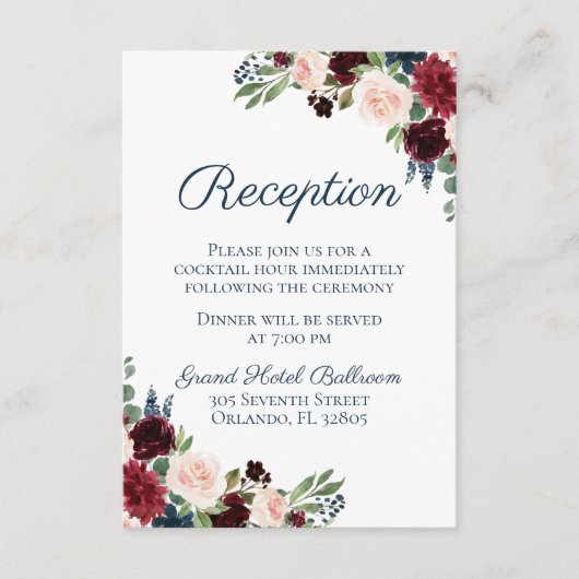 ネイビー素朴マルサラフローラウェディングレセプションカード エンクロージャーカード (正面)