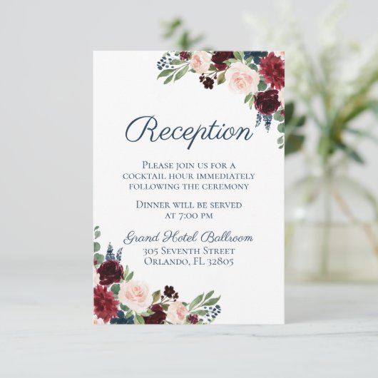 ネイビー素朴マルサラフローラウェディングレセプションカード エンクロージャーカード (スタンド正面)