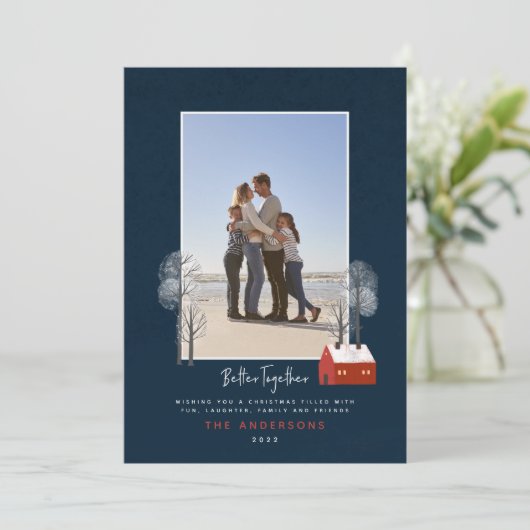 ネイビー素朴レッドの伝統的写真 案内状 (スタンド正面)