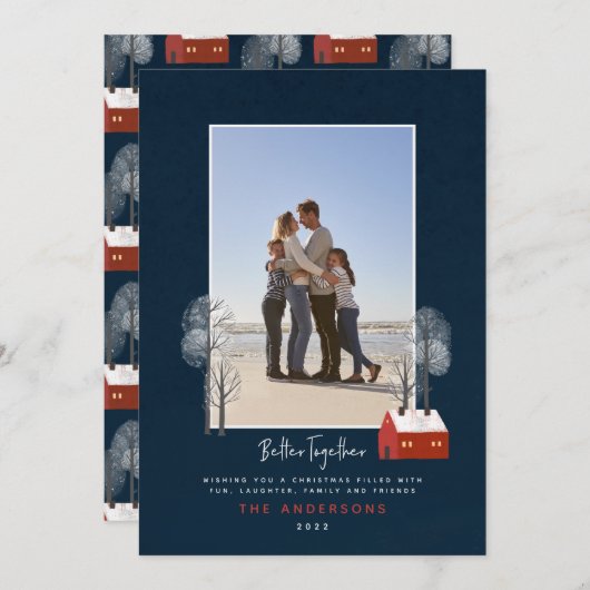 ネイビー素朴レッドの伝統的写真 案内状 (正面/裏面)