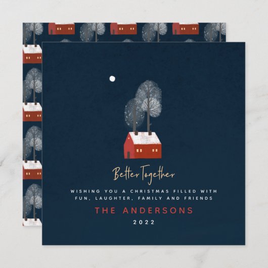 ネイビー素朴レッドの伝統的居心地の良いクリスマス 案内状 (正面/裏面)