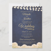 ネイビー素朴金ゴールドシックフローラストリングラ結婚イト 招待状 (正面)