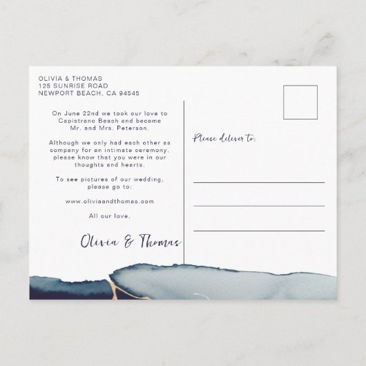 ネイビー結婚したプモダンフォト落成発表 ポストカード (裏面)