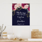 ネイビー結婚の歓迎サイン・ブルゴーニュ花模様 ポスター (キッチン)