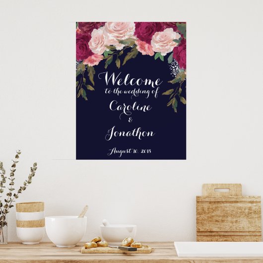 ネイビー結婚の歓迎サイン・ブルゴーニュ花模様 ポスター (キッチン)