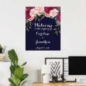 ネイビー結婚の歓迎サイン・ブルゴーニュ花模様 ポスター (ホームオフィス)