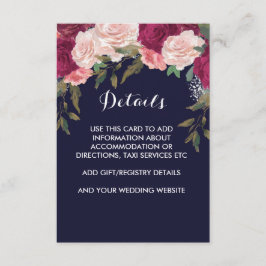ネイビー結婚ズの詳細カードピンクのブルゴーニュフローラ エンクロージャーカード
