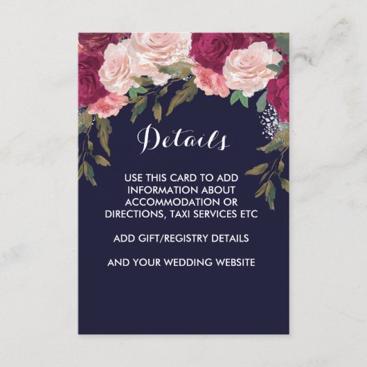 ネイビー結婚ズの詳細カードピンクのブルゴーニュフローラ エンクロージャーカード (正面)