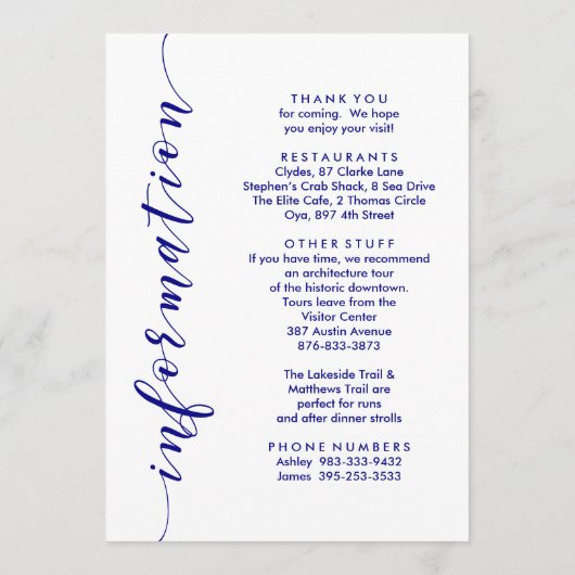 ネイビー結婚ズ・ウェルカムの旅程と情報カード プログラム (裏面)