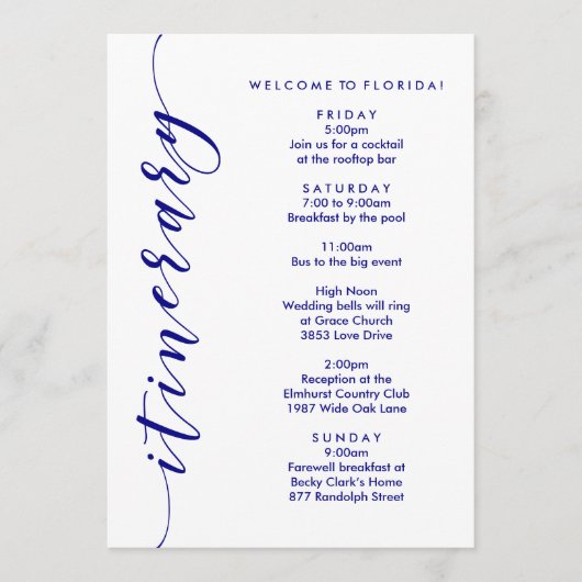 ネイビー結婚ズ・ウェルカムの旅程と情報カード プログラム (正面)