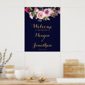 ネイビー結婚パープルフローラ歓迎サイン ポスター (キッチン)
