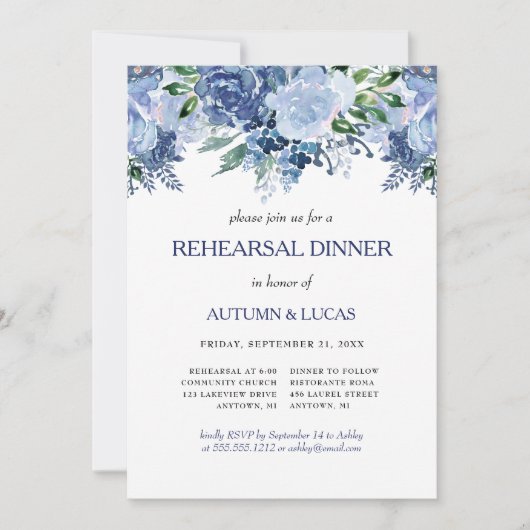 ネイビー結婚フローラズダスティブルーリハーサルディナー 招待状 (正面)