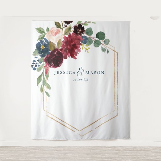 ネイビー結婚ブルゴーニュフローラの背景 タペストリー (正面)