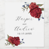 ネイビー結婚ブルゴーニュ花 ワインラベル (シングルラベル)