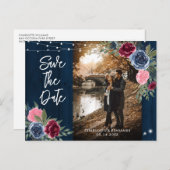 ネイビー結婚ブルゴーニュ赤面の写真Save The Date ポストカード (正面/裏面)