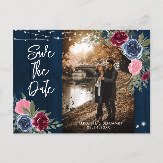 ネイビー結婚ブルゴーニュ赤面の写真Save The Date ポストカード (正面)