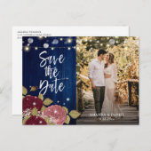 ネイビー結婚ブルゴーニュ赤面の写真Save The Date 案内ポストカード (正面/裏面)