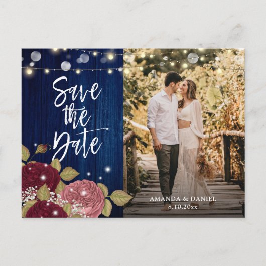 ネイビー結婚ブルゴーニュ赤面の写真Save The Date 案内ポストカード (正面)
