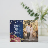 ネイビー結婚ブルゴーニュ赤面の写真Save The Date 案内ポストカード (スタンド正面)