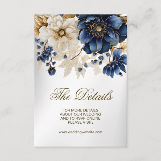 ネイビー結婚ブルホワイトゴールデンフローラシルバー エンクロージャーカード (正面)