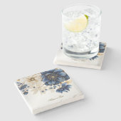 ネイビー結婚ブルホワイトゴールデンフローラシルバー ストーンコースター (横)