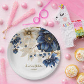 ネイビー結婚ブルホワイトゴールデンフローラシルバー ペーパープレート (パーティー)