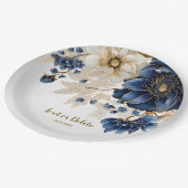 ネイビー結婚ブルホワイトゴールデンフローラシルバー ペーパープレート (アングル)