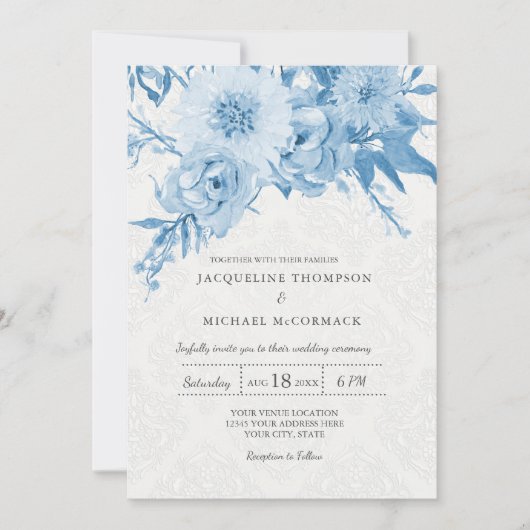 ネイビー結婚ブルホワイトチンツレースダマスクフローラ 招待状 (正面)