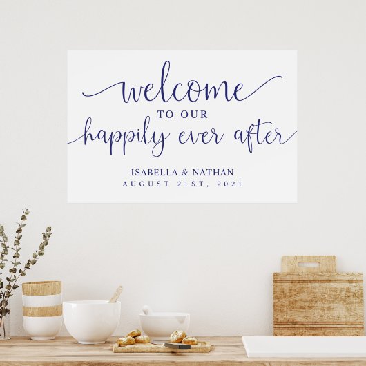 ネイビー結婚ブルーが歓迎看板の後ずっと幸せに ポスター (キッチン)