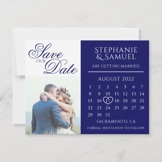 ネイビー結婚ブルーのカレンダー写真 マグネット招待状 (正面)