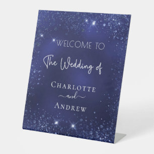 ネイビー結婚ブルーの輝きが歓迎 台座サイン