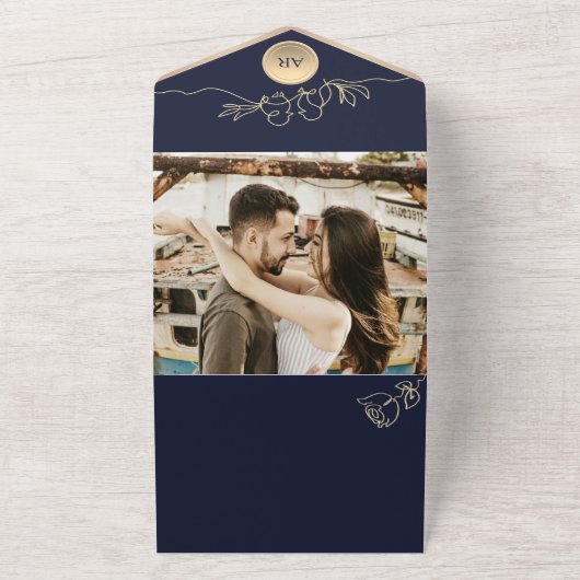 ネイビー結婚ブルーのQRコード オールインワン招待状 (外側)