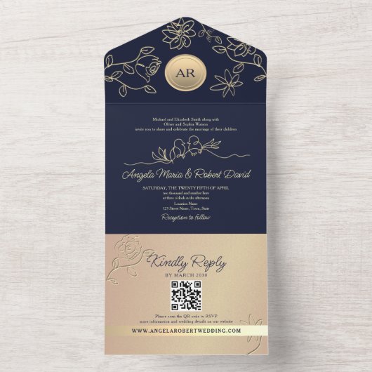 ネイビー結婚ブルーのQRコード オールインワン招待状 (内側)