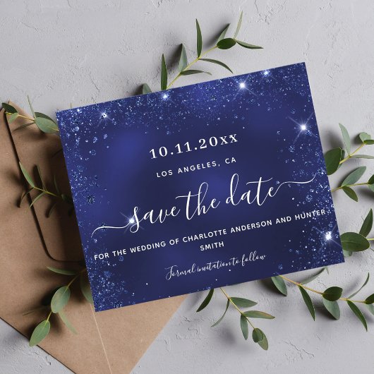 ネイビー結婚ブルーグリッタースパークル予算救期日 チラシ