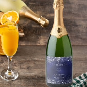 ネイビー結婚ブルーシルバーグリッター新郎新婦 スパークリングワインラベル