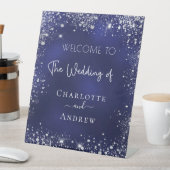 ネイビー結婚ブルーシルバーグリッター歓迎 台座サイン (インサイチュ)