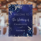 ネイビー結婚ブルーシルバーグリッター花歓迎 ポスター