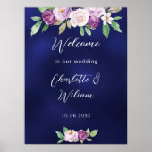 ネイビー結婚ブルーバイオレットパープル花模様歓迎 ポスター (正面)