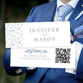 ネイビー結婚ブルーフローラのQRレジストリ挿入カード