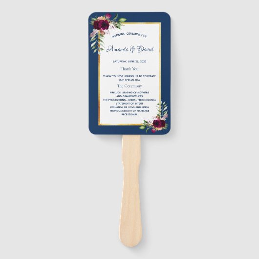 ネイビー結婚ブルー花模様ブルゴーニュ ハンドファン (正面)