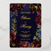 ネイビー結婚ボルドー金ゴールド 箔招待状 (正面)