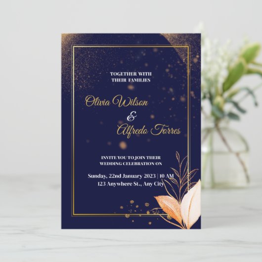 ネイビー結婚式招待状と金ゴールド色 招待状 (スタンド正面)