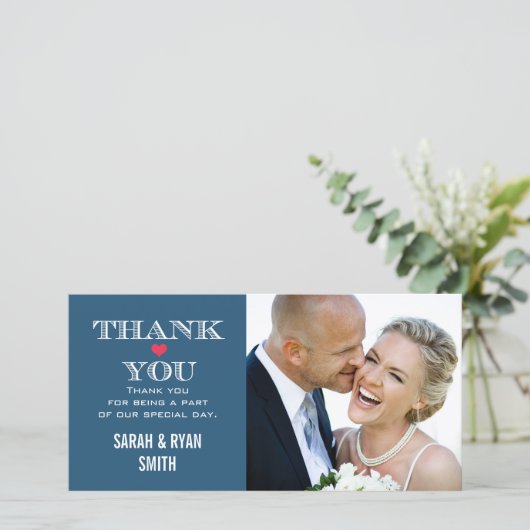 ネイビー結婚赤いハートの写真サンキューカード サンキューカード (スタンド正面)