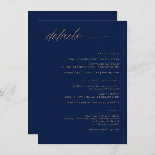 ネイビー結婚金ゴールドの柔らかい繊細なロマンチックな詳細 エンクロージャーカード (正面/裏面)