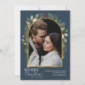 ネイビー緑の金ゴールドモダンアーチクリスマスフォト シーズンカード (正面)