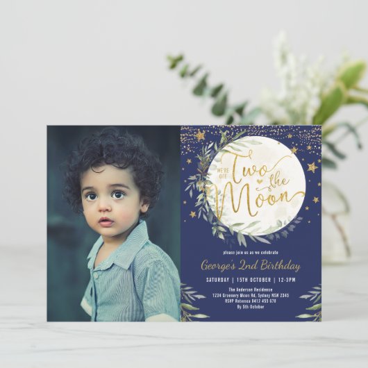 ネイビー緑の金ゴールド2月2日誕生日の写真 招待状 (スタンド正面)