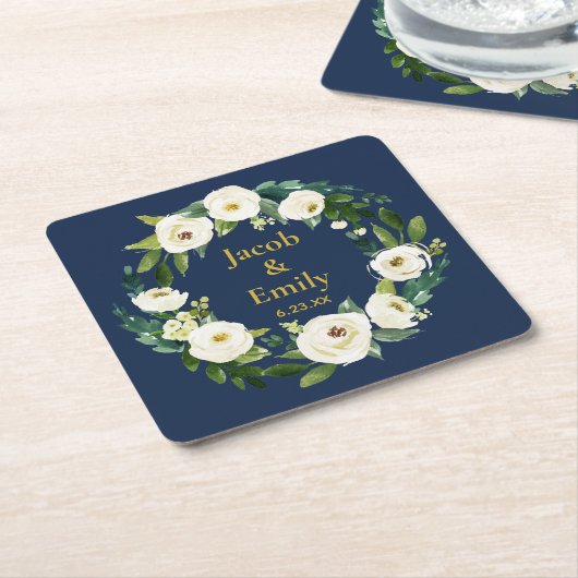 ネイビー緑パーソナライズされた色金ゴールド名結婚日付 スクエアペーパーコースター (アングル)